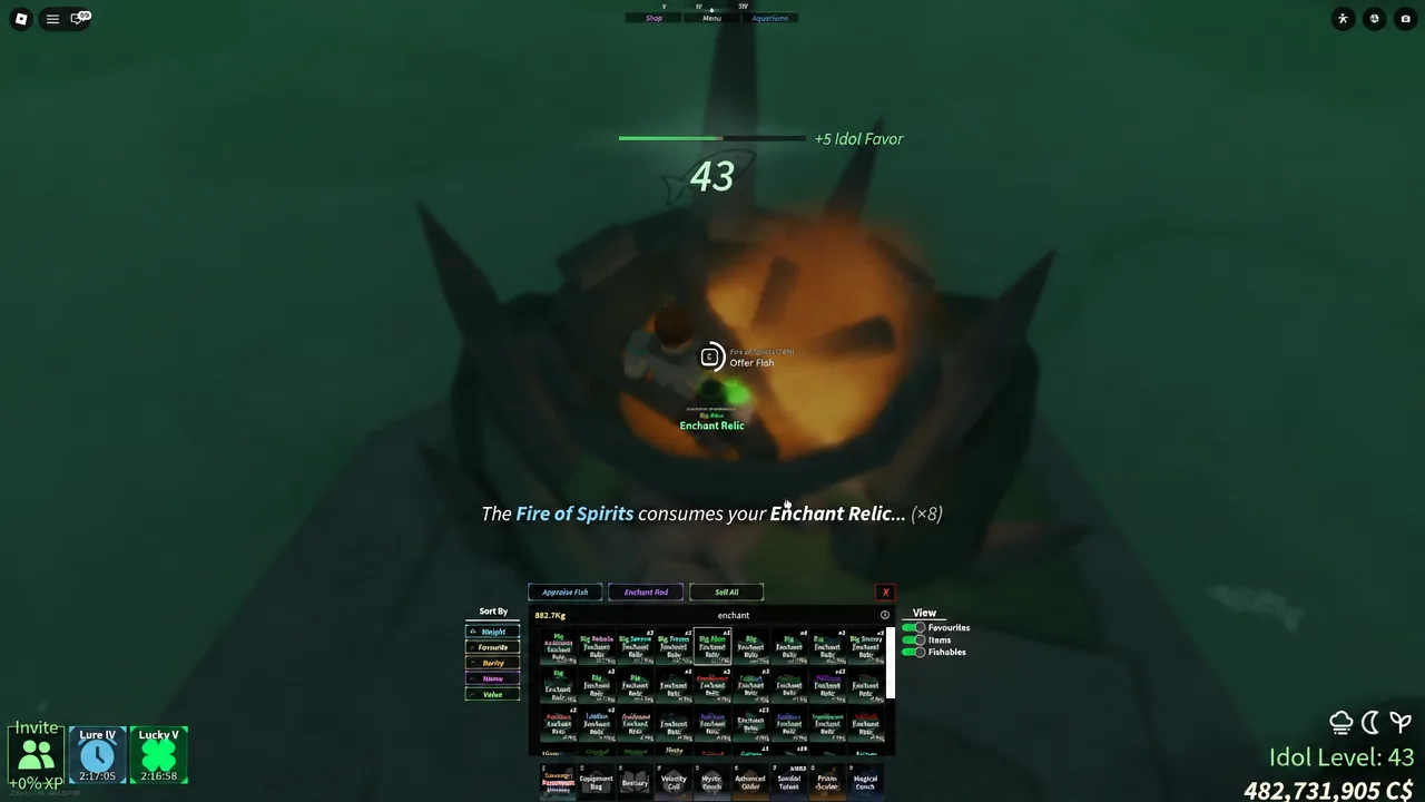 Feeding relics into the Fire of Spirits, with the squall weather announcement on screen