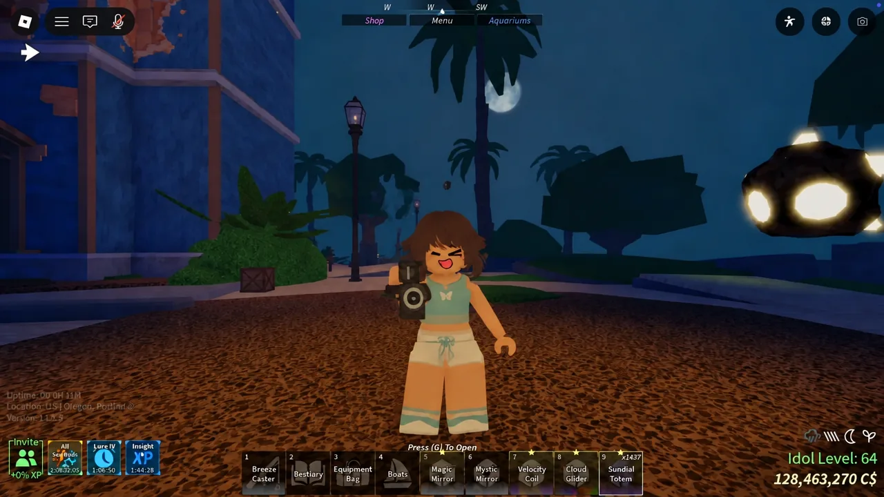 Sundial Totem highlighted in the hotbar with the on-screen prompt to press G