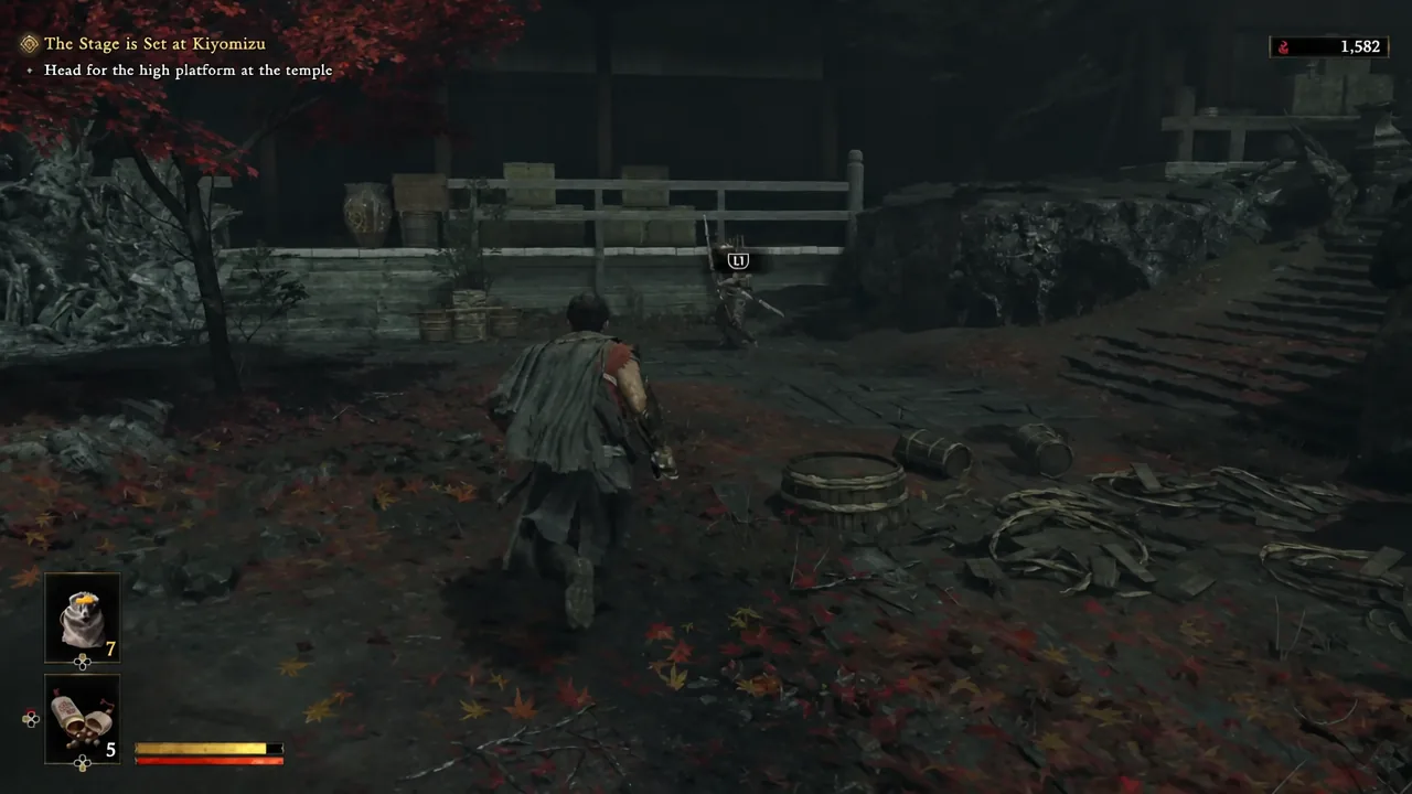 An L1 button icon floats above an enemy as Musashi closes in near Kiyomizu
