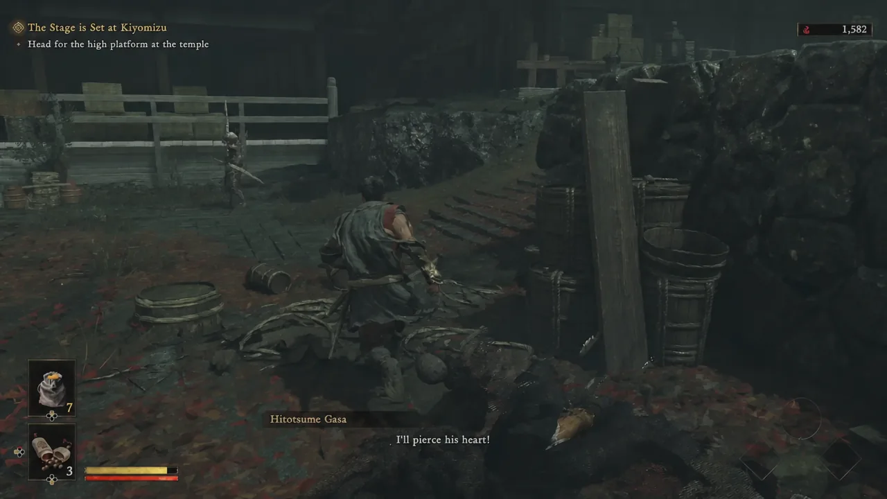 Musashi lands a finishing blow on an enemy with no on-screen button prompt