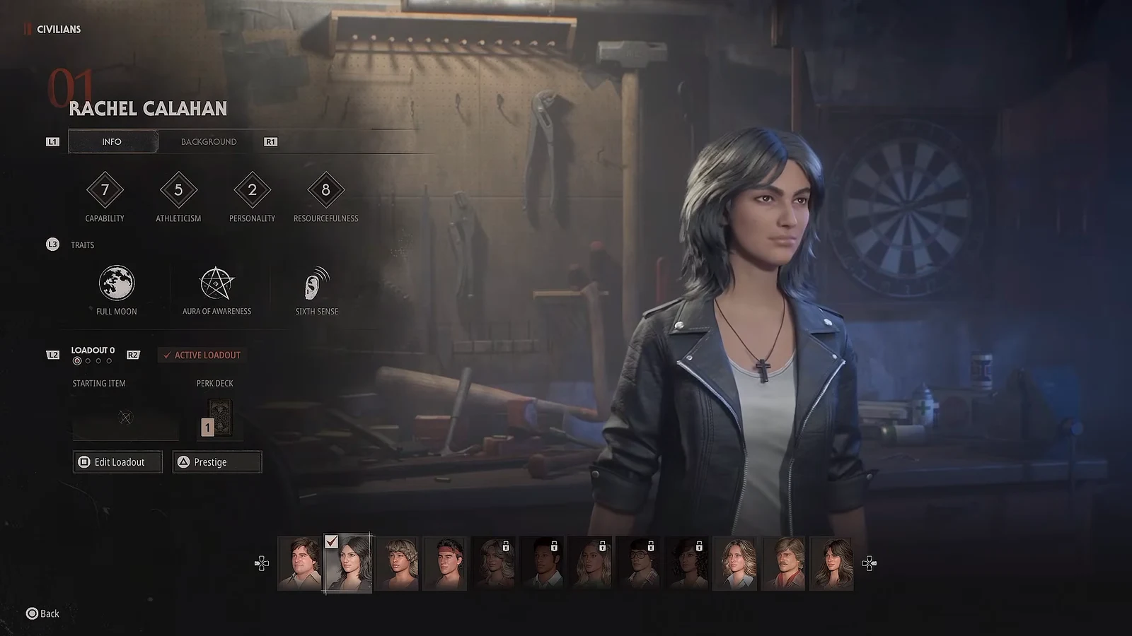 Rachel Calahan character info screen with options to edit her loadout or prestige