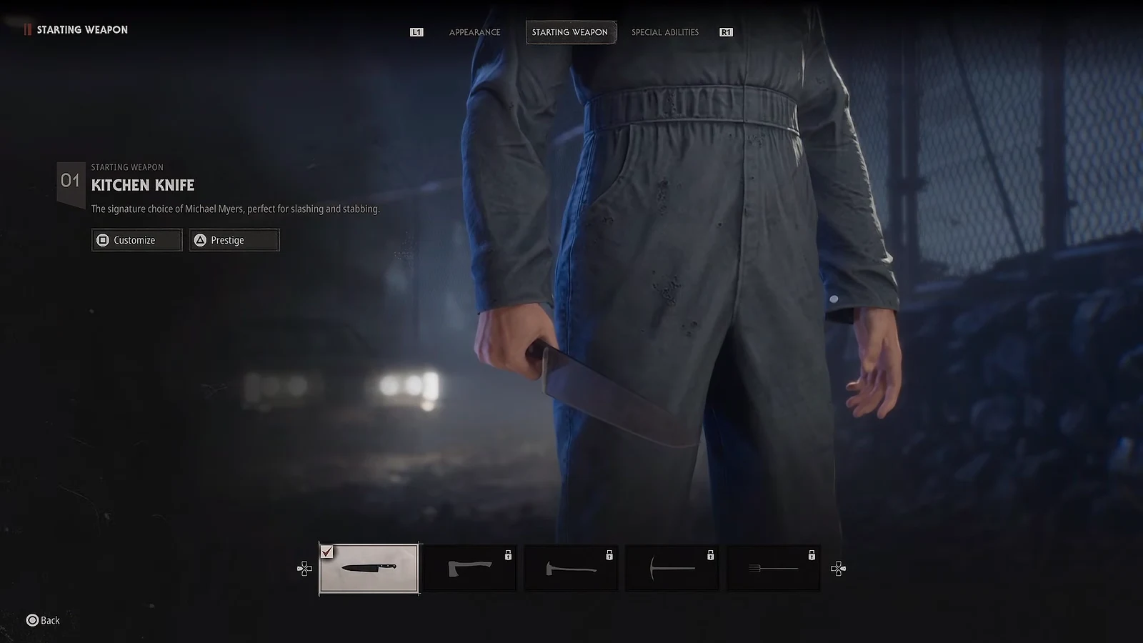 Michael's Starting Weapon menu with the Kitchen Knife selected and Prestige option shown