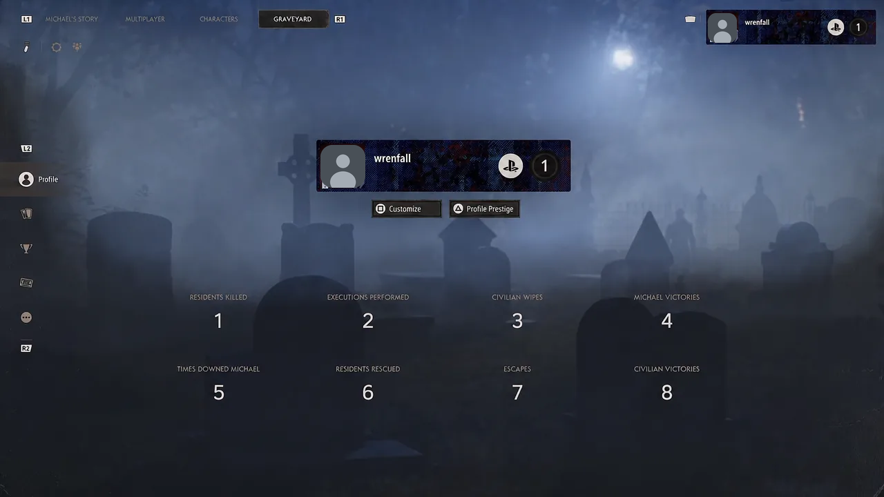 Graveyard profile screen with Profile selected and Profile Prestige option available