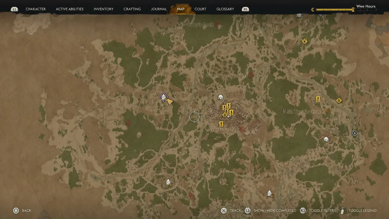 Map screen highlighting the region and markers near the Boar's Back tower location