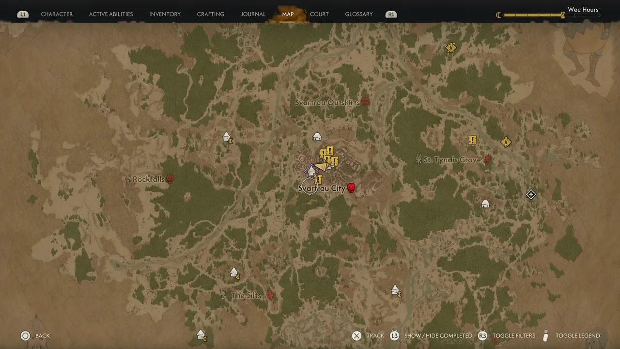 Svartrau City shown on the map screen with quest and location markers visible