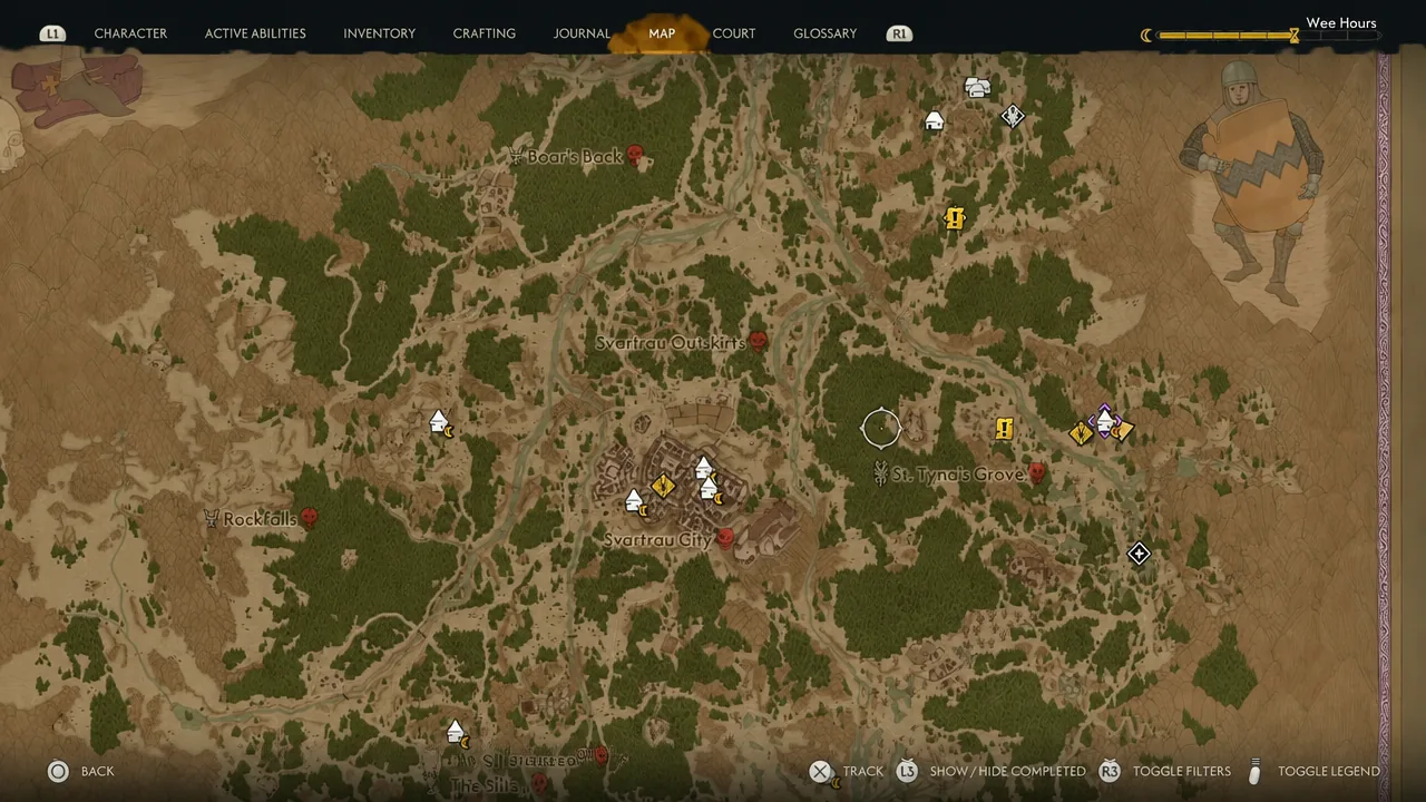 Map screen showing location markers around the St. Tyna's Grove region