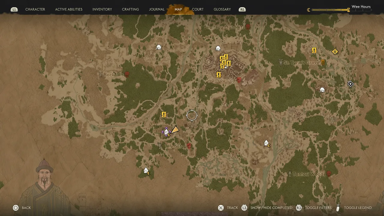 Map screen with the central cursor marking the player position near Rockfalls