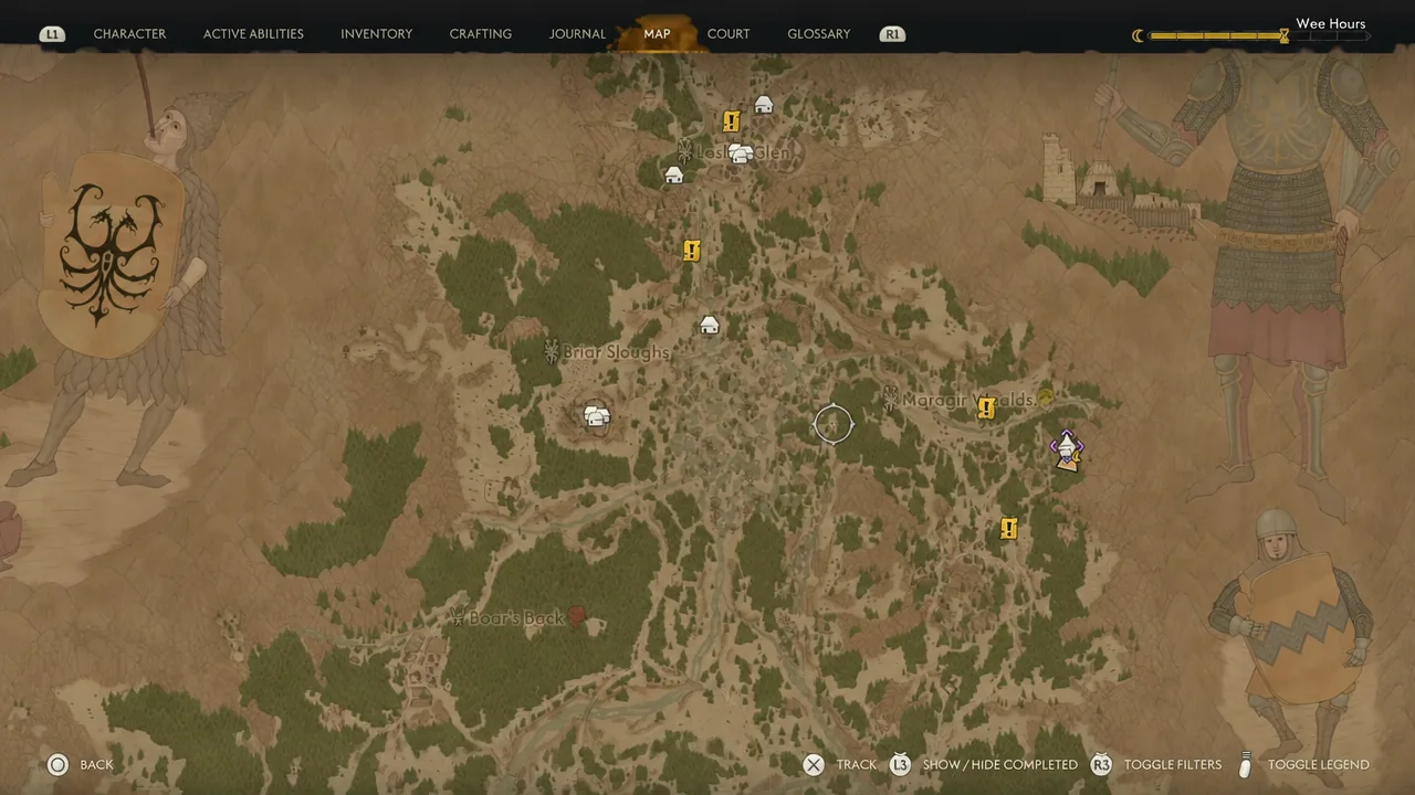 World map open on the MAP tab with the cursor placed over the Maragir Wealds tower site