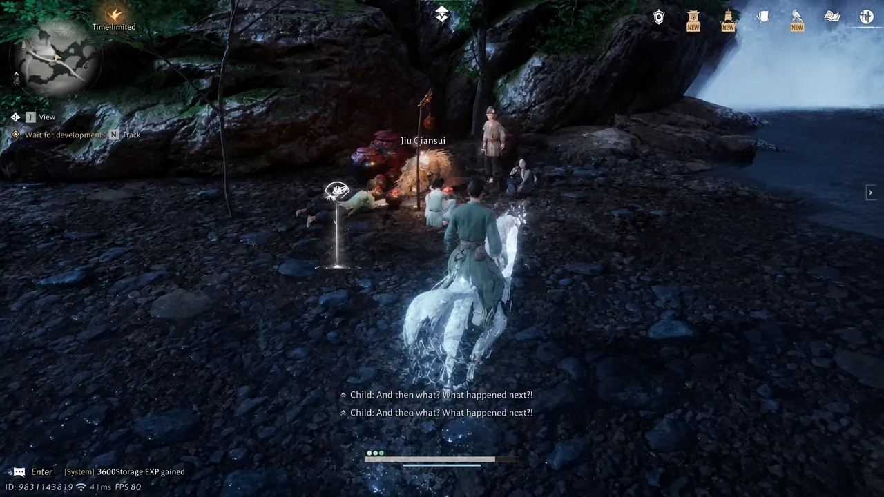 Gameplay HUD showing the Wait for developments objective during the Jiu Qiansui story sequence
