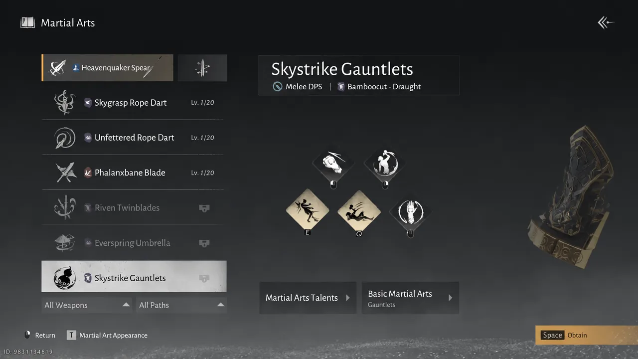 Martial Arts menu with Skystrike Gauntlets selected, showing its abilities and weapon model
