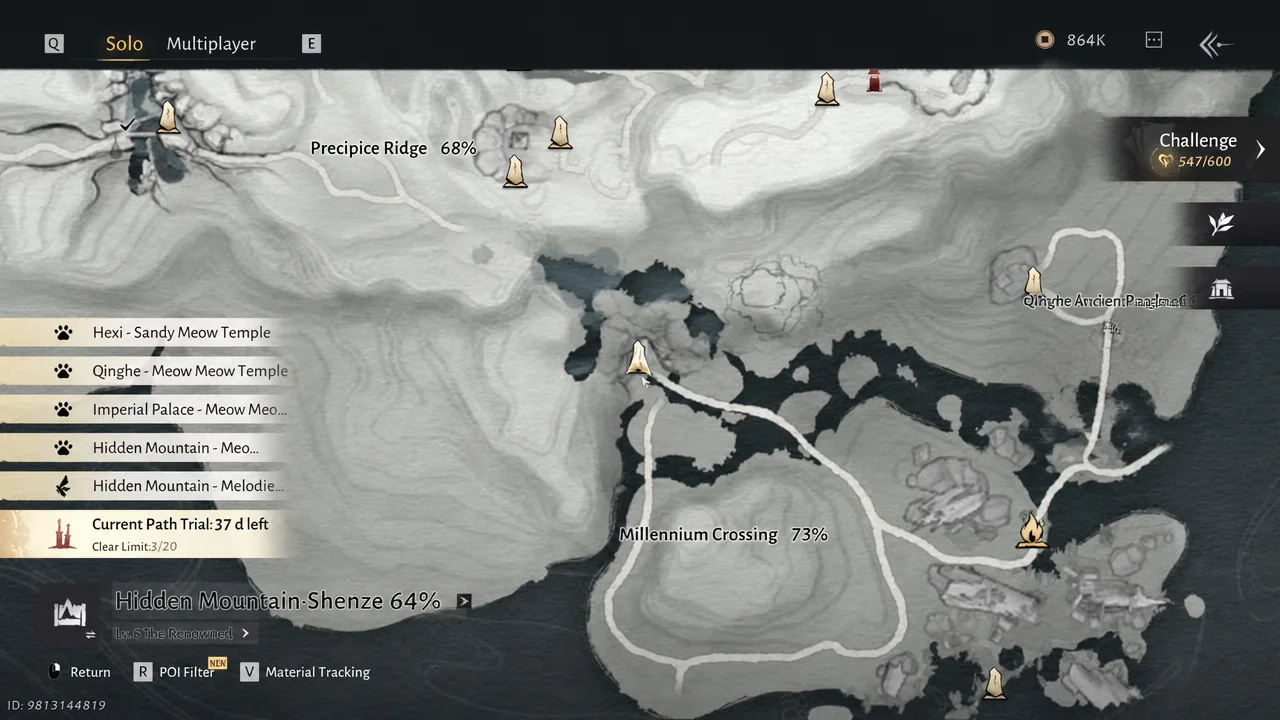 World map with Hidden Mountain-Shenze selected, showing region routes and path trial progress