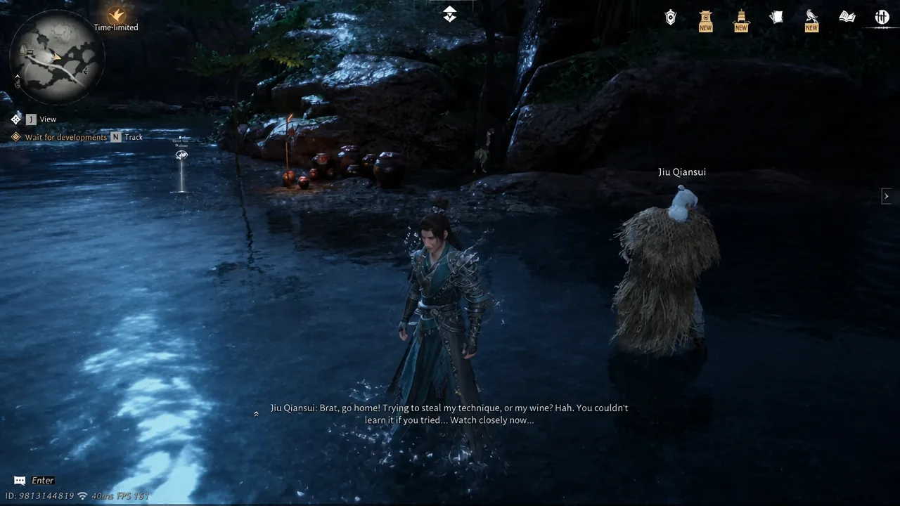 Jiu Qiansui speaking to the player character beside the water at Millennium Crossing