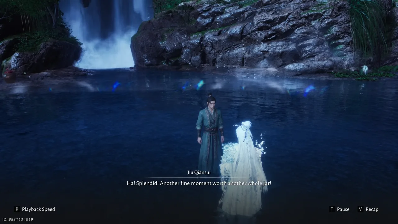 Cutscene of Jiu Qiansui talking, with playback speed, pause, and recap controls on screen