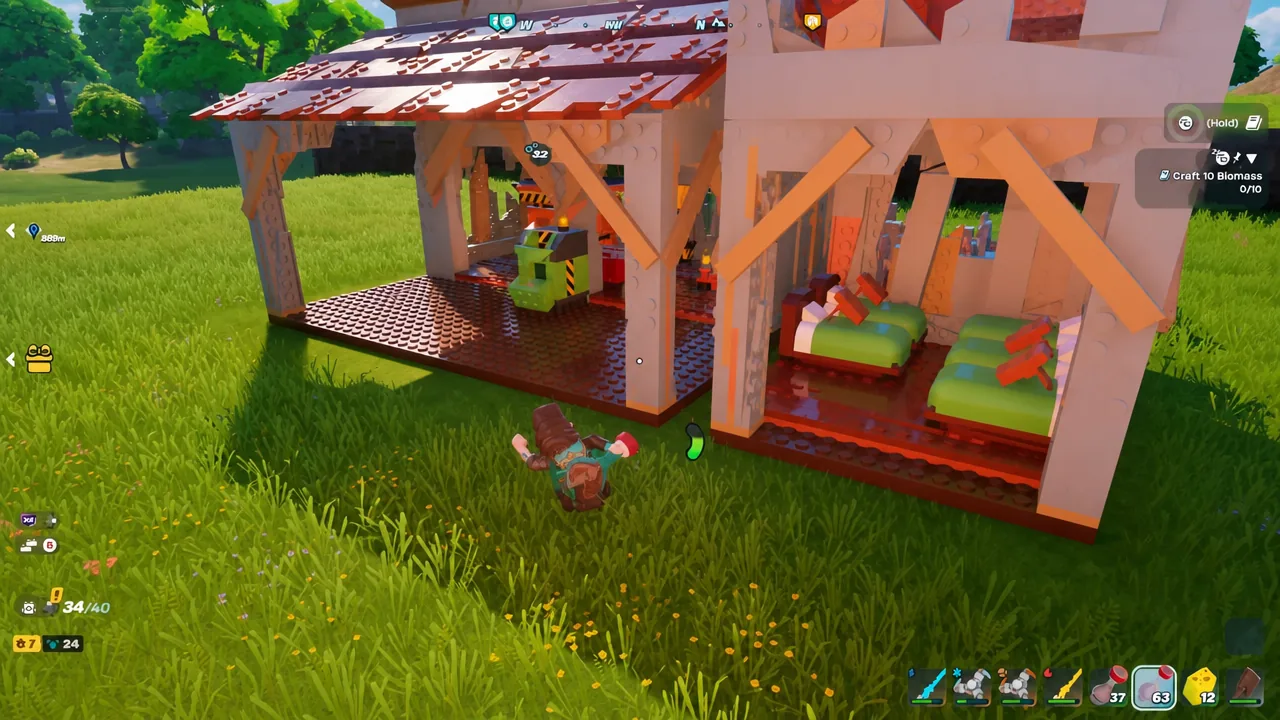 Player walks back to their base shelter with the Craft 10 Biomass objective tracked on the right of the screen