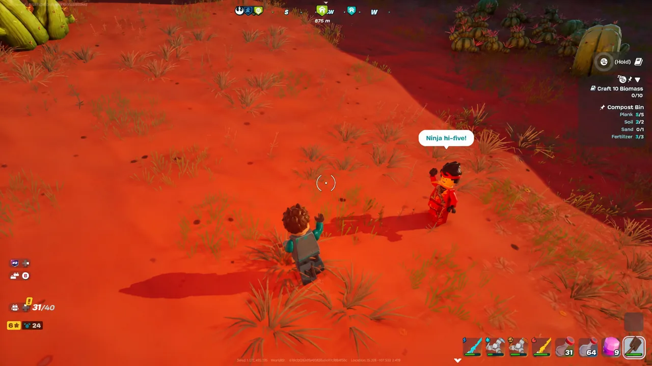 Biomass objective counter ticking up beside the Compost Bin as the player high-fives a villager