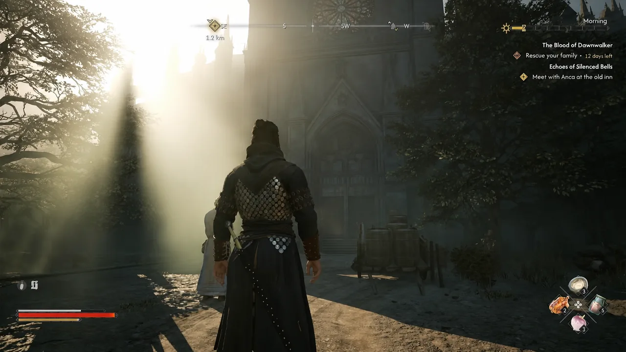 Coen walking up to the cathedral doors in Svartrau City with quest objectives in the corner