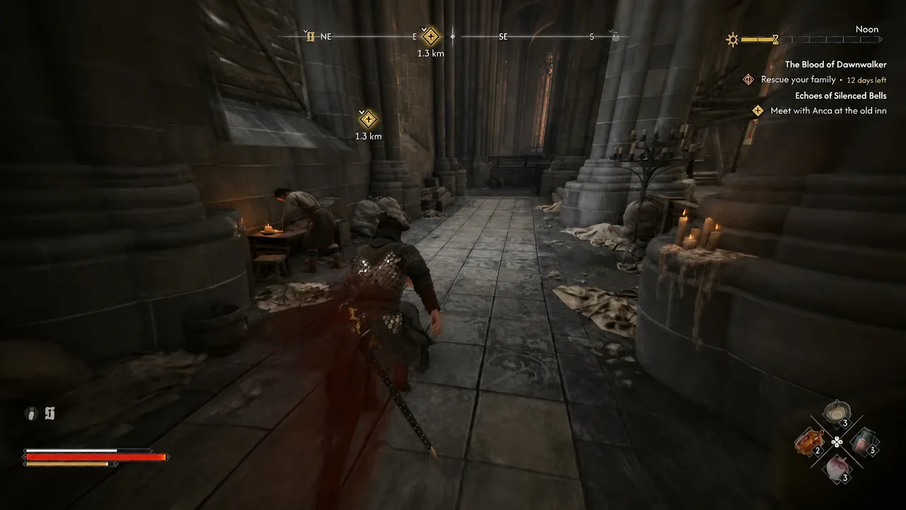 Quest tracker visible as Coen moves down a cathedral corridor toward the guarded door