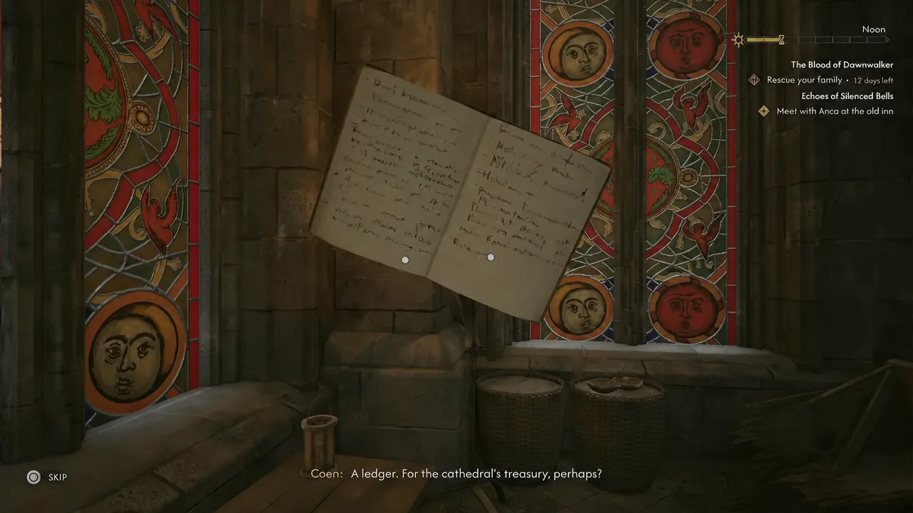 Inspecting the open Treasury Ledger on the table, with a Skip prompt on screen