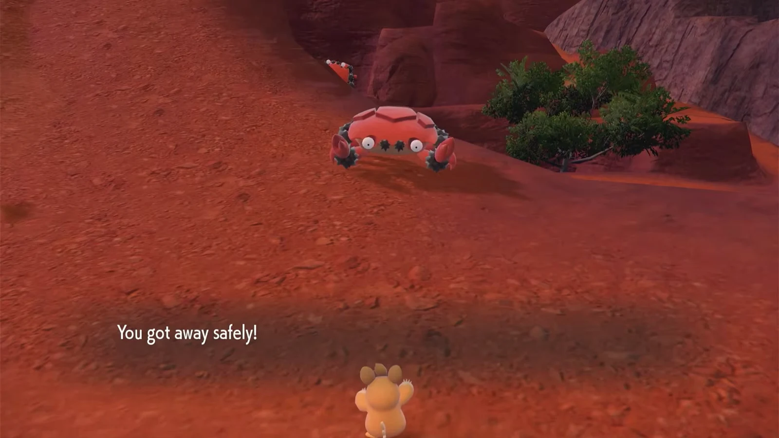 The message You got away safely appears as the trainer breaks off from the giant crab in the red canyon