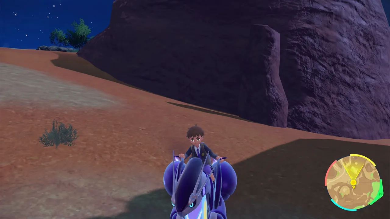 Riding Koraidon across open ground with the player marker moving on the minimap after unlocking Dash