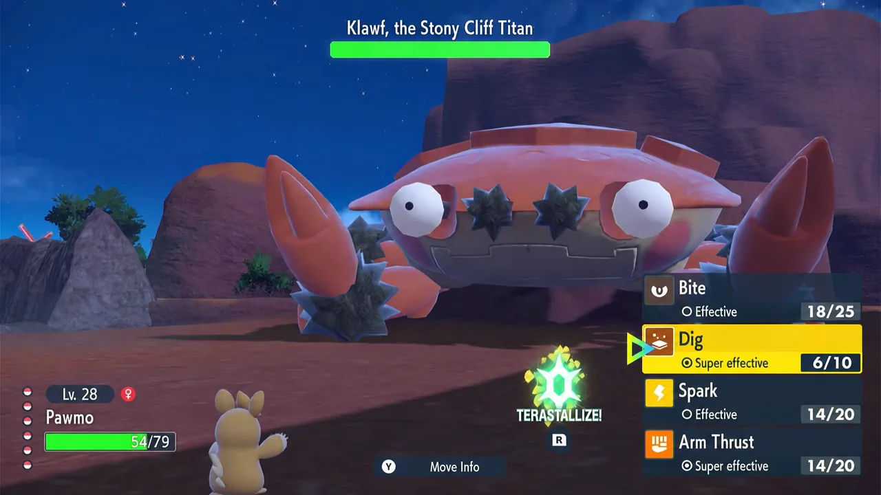 The move menu with Dig highlighted during the first phase of the Klawf Titan battle