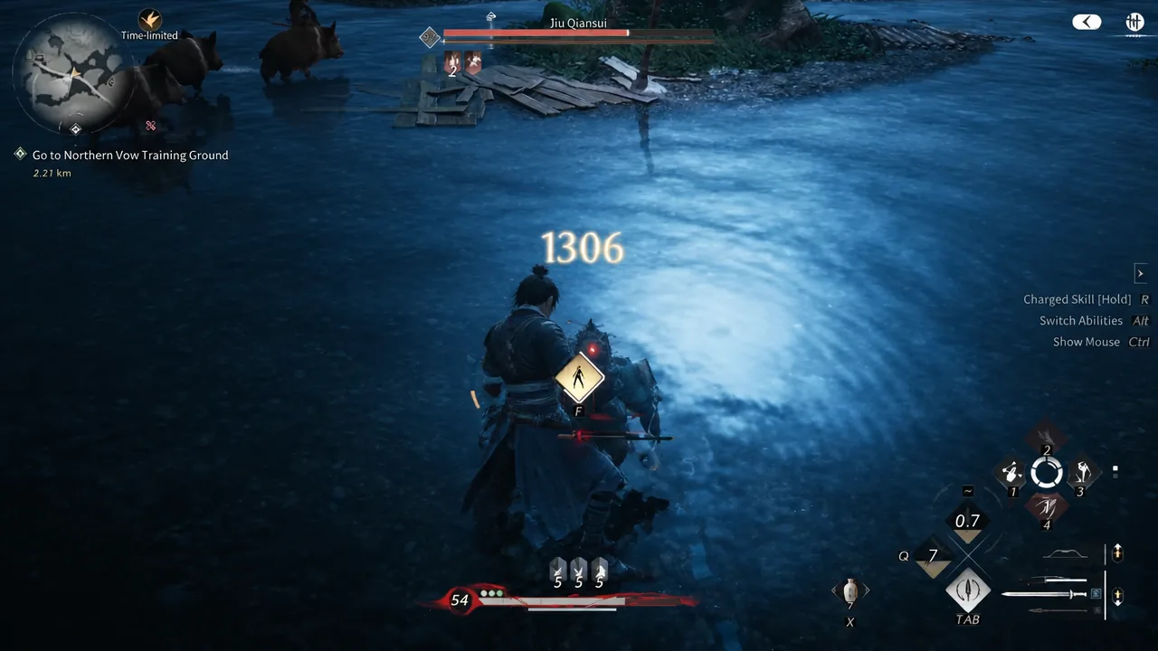 Prompted follow-up attack landing on the opponent with a damage number on screen