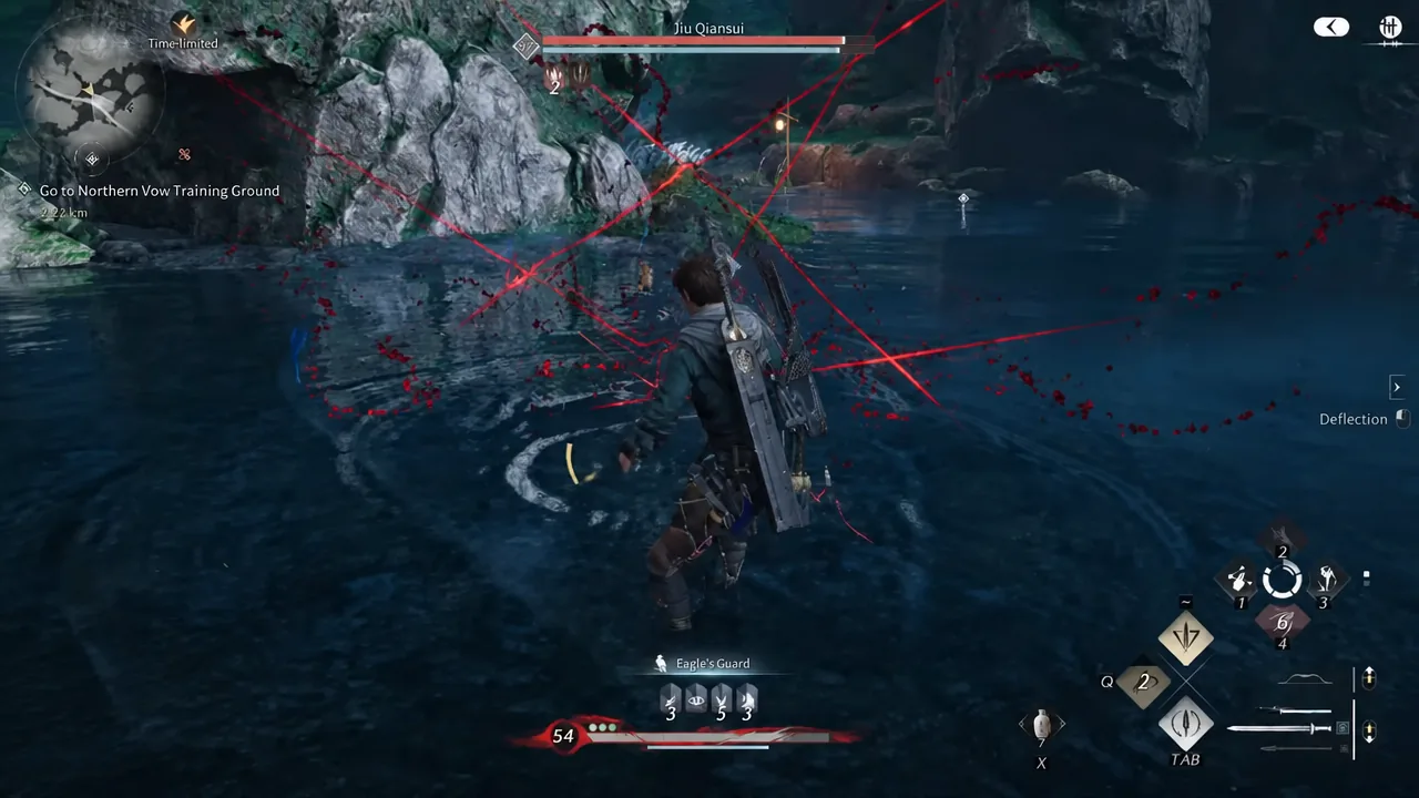 Deflection prompt highlighted on screen during the duel against Jiu Qiansui