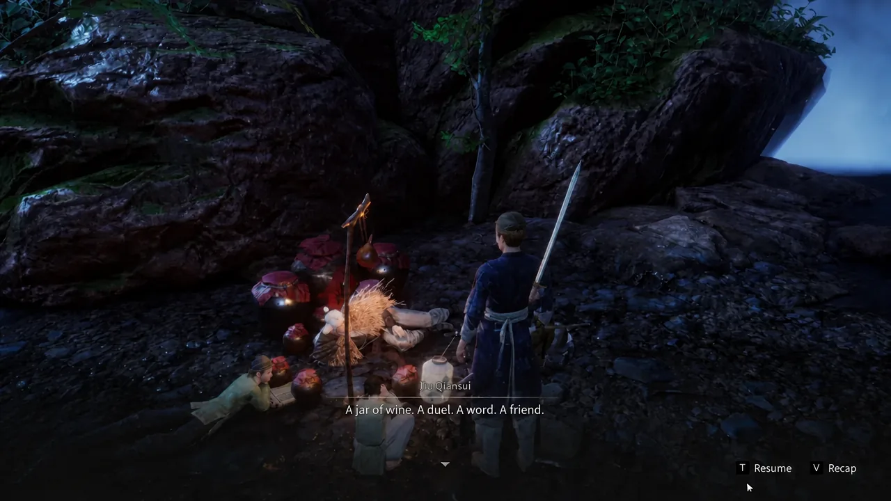 Jiu Qiansui's story paused mid-line with the resume prompt shown on screen
