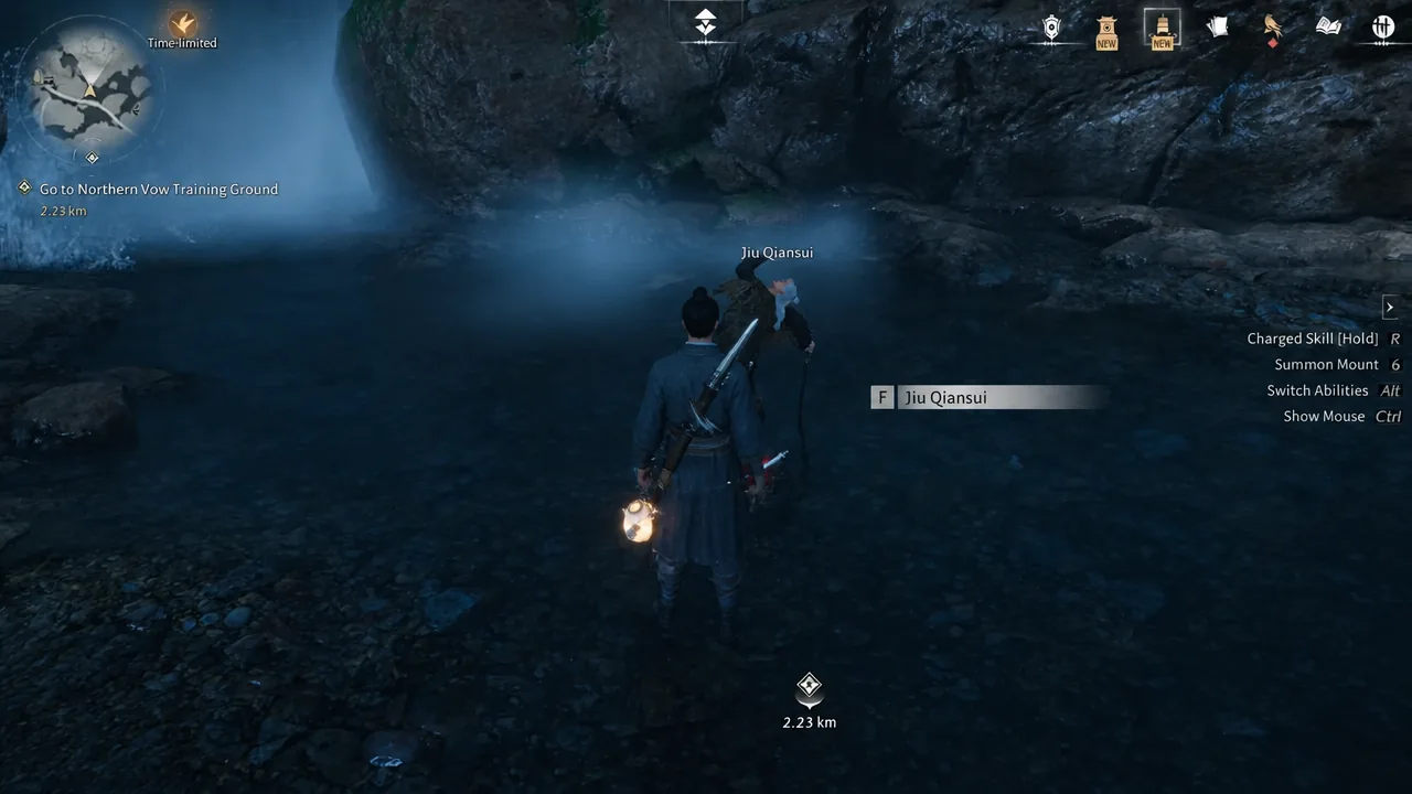 Interaction prompt for Jiu Qiansui appears as the player walks up to him near the waterfall