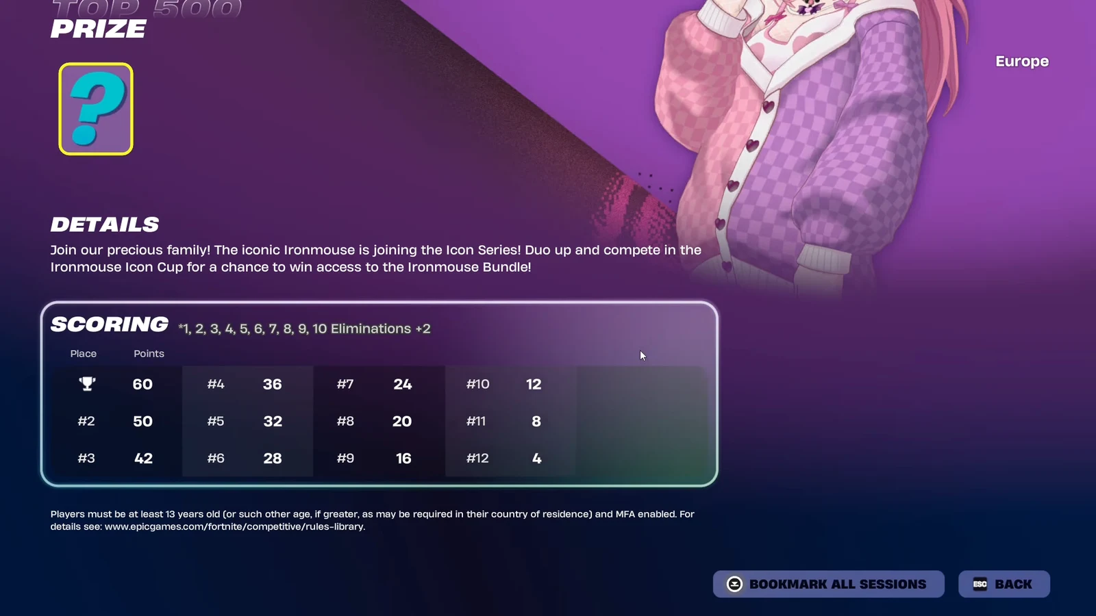 Europe tournament details screen listing Ironmouse Icon Cup scoring points with Bookmark All Sessions button