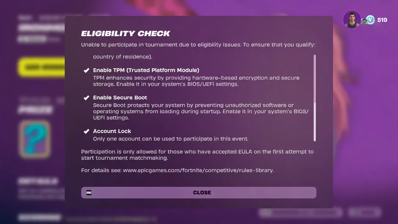 Eligibility Check dialog listing tournament requirements such as TPM, Secure Boot and MFA