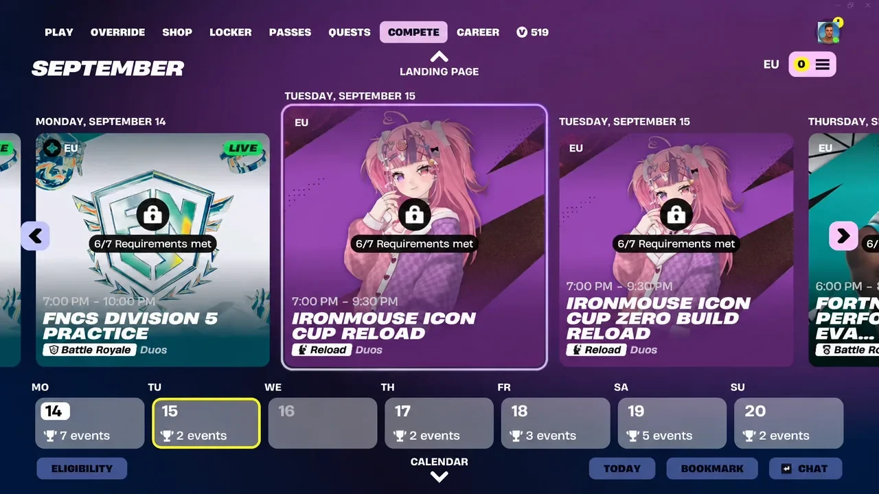Compete tab showing the Tuesday, September 15 Ironmouse Icon Cup Reload card with 6 of 7 requirements met