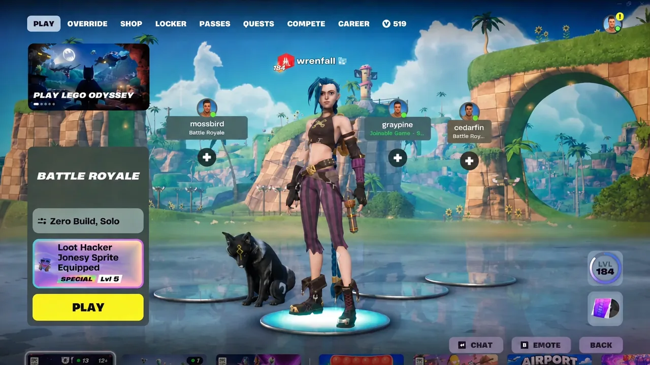 Fortnite Battle Royale lobby with the yellow PLAY button highlighted