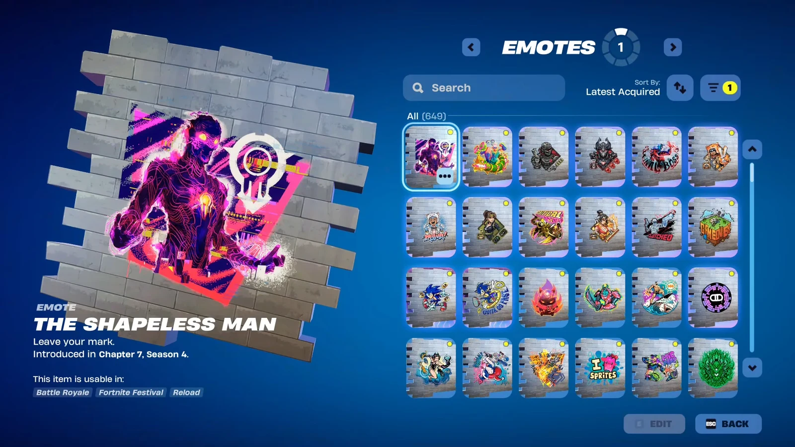 Fortnite locker Emotes menu with The Shapeless Man selected and its preview shown