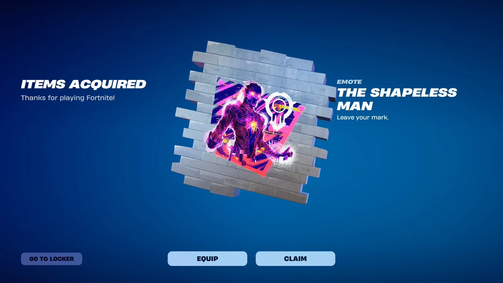 Fortnite Items Acquired screen granting The Shapeless Man with equip and locker options