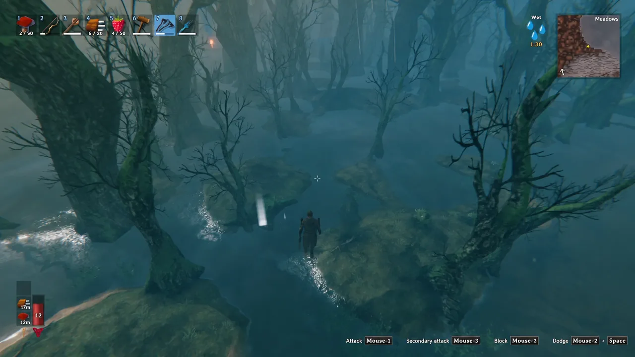 Viking wading through shallow water in the Meadows with a sword equipped in hotbar slot seven