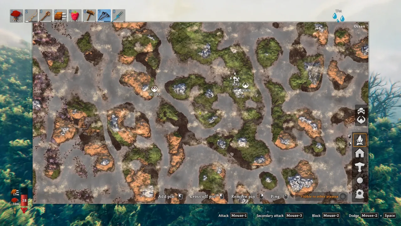Valheim map screen showing ocean terrain with player pins and the add, cross off, remove, and ping controls