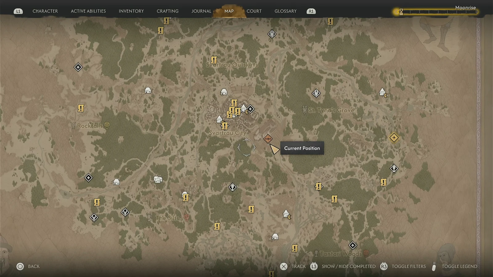 The world map open with Coen's current position marker near Svartrau City and surrounding quest icons