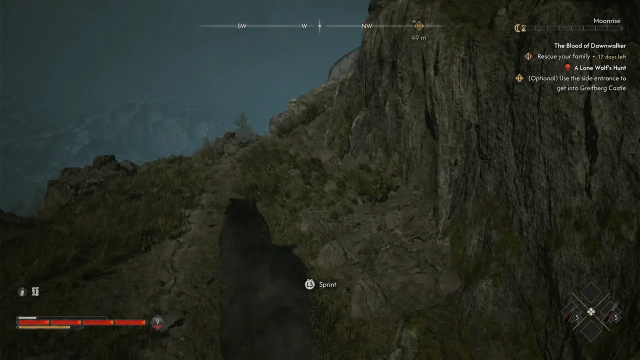 Coen moving along a narrow cliff path at night with a sprint prompt on screen