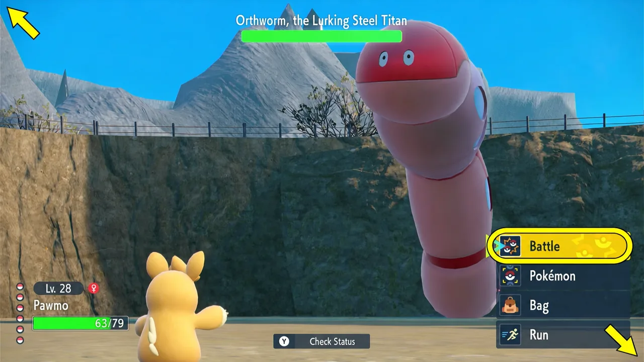 Battle menu open against Orthworm, the Lurking Steel Titan, with the Battle option highlighted