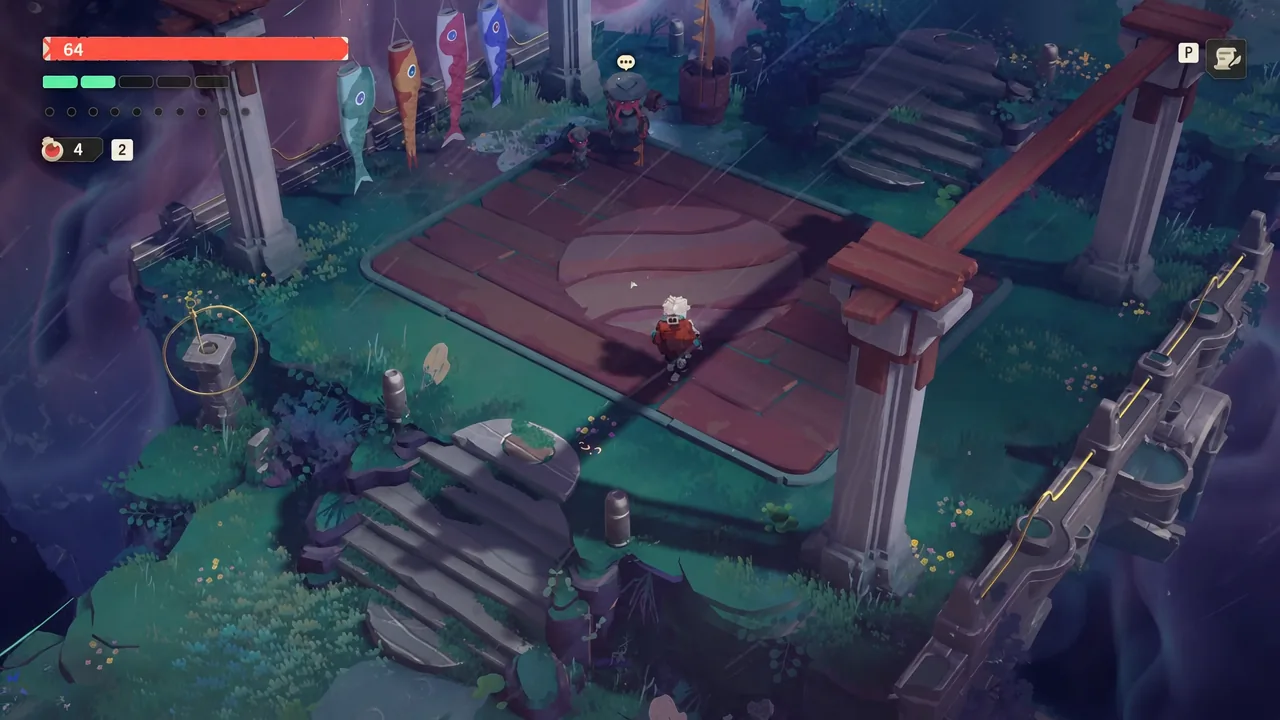Player character standing on a central wooden platform near NPCs inside Howling Harbor, HUD visible
