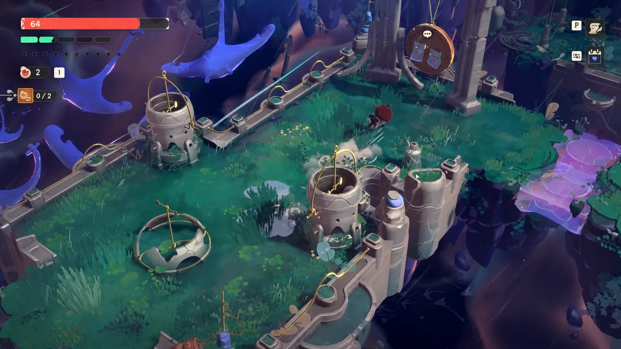 Red-haired character crossing an overgrown garden toward a bubbling machine with a 0/2 objective counter