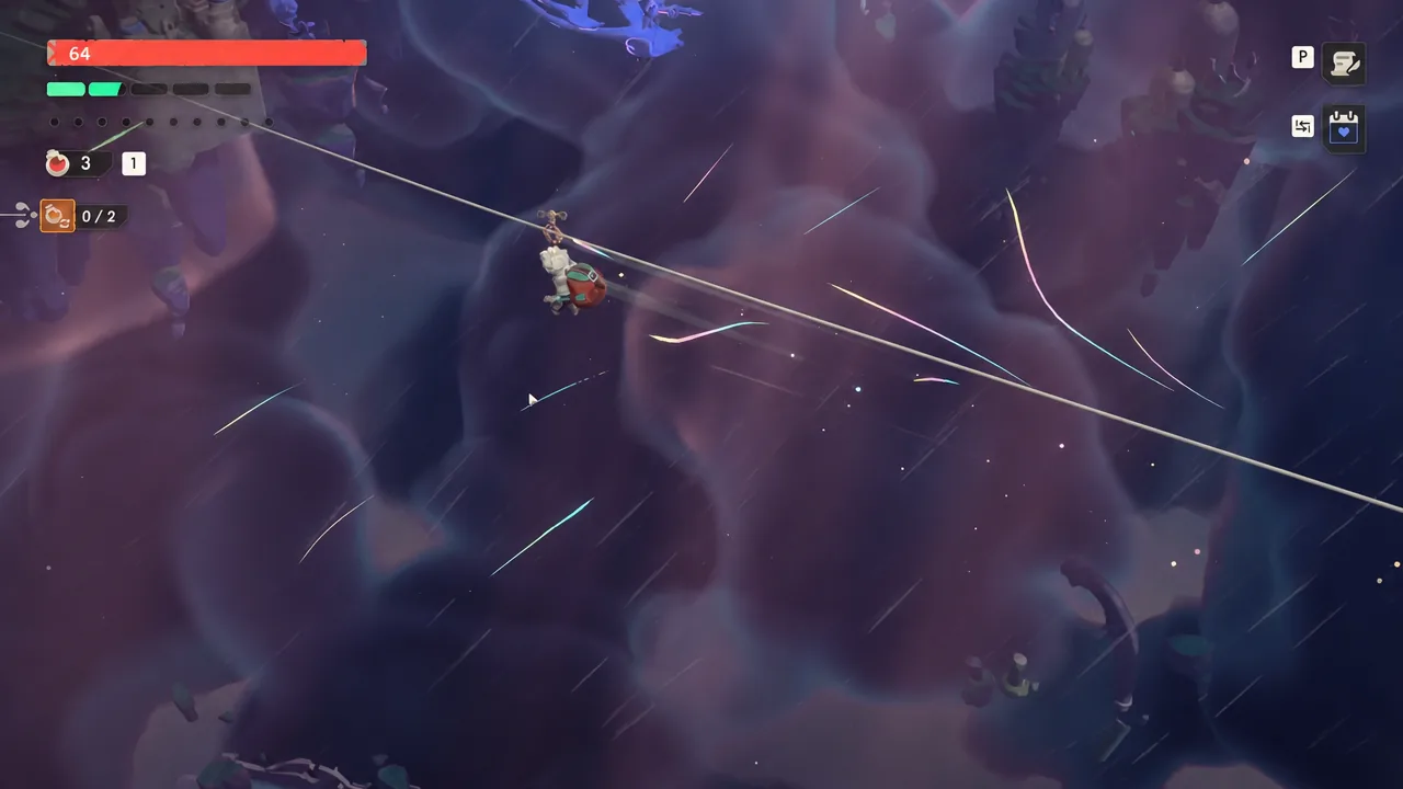 Character riding a zipline between floating islands toward the hidden treasure portal