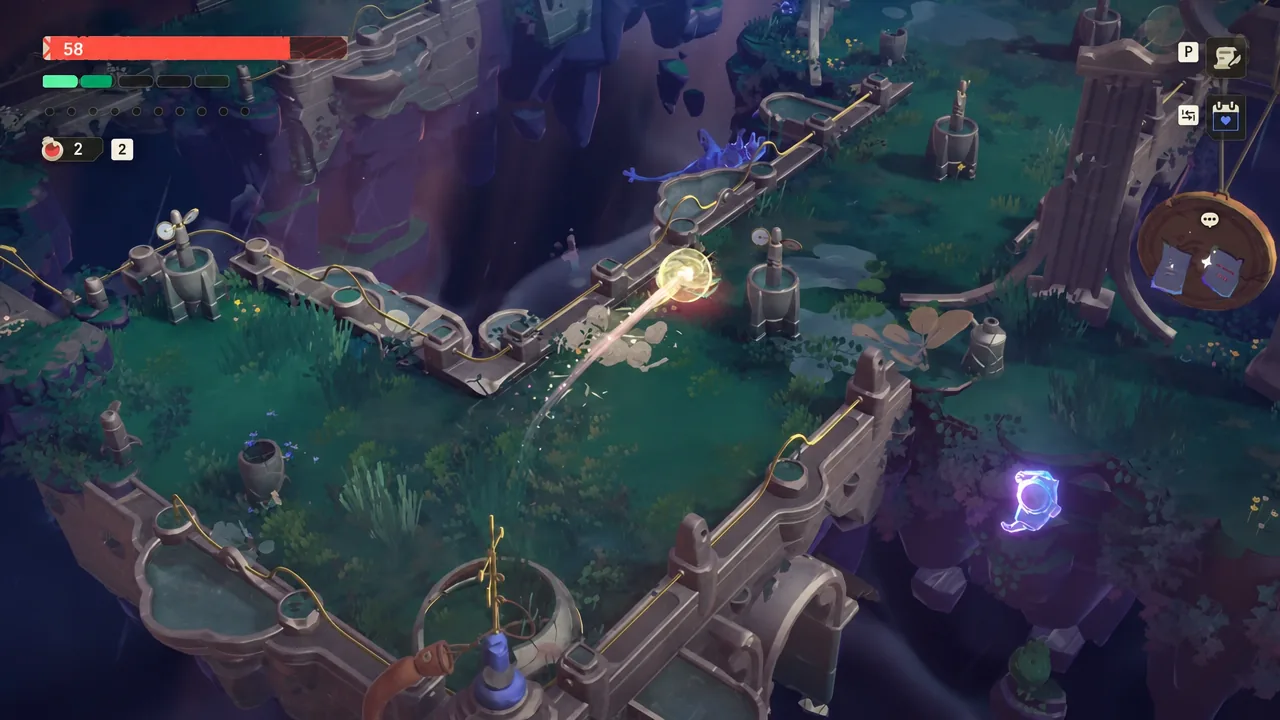 A glowing projectile striking a central energy orb during combat in Howling Harbor