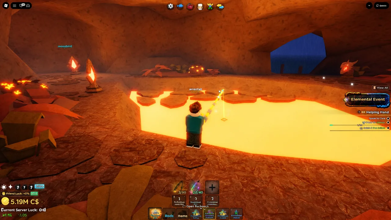 Player casting a rod into the glowing lava pool in the Fire zone of the Elemental Event area