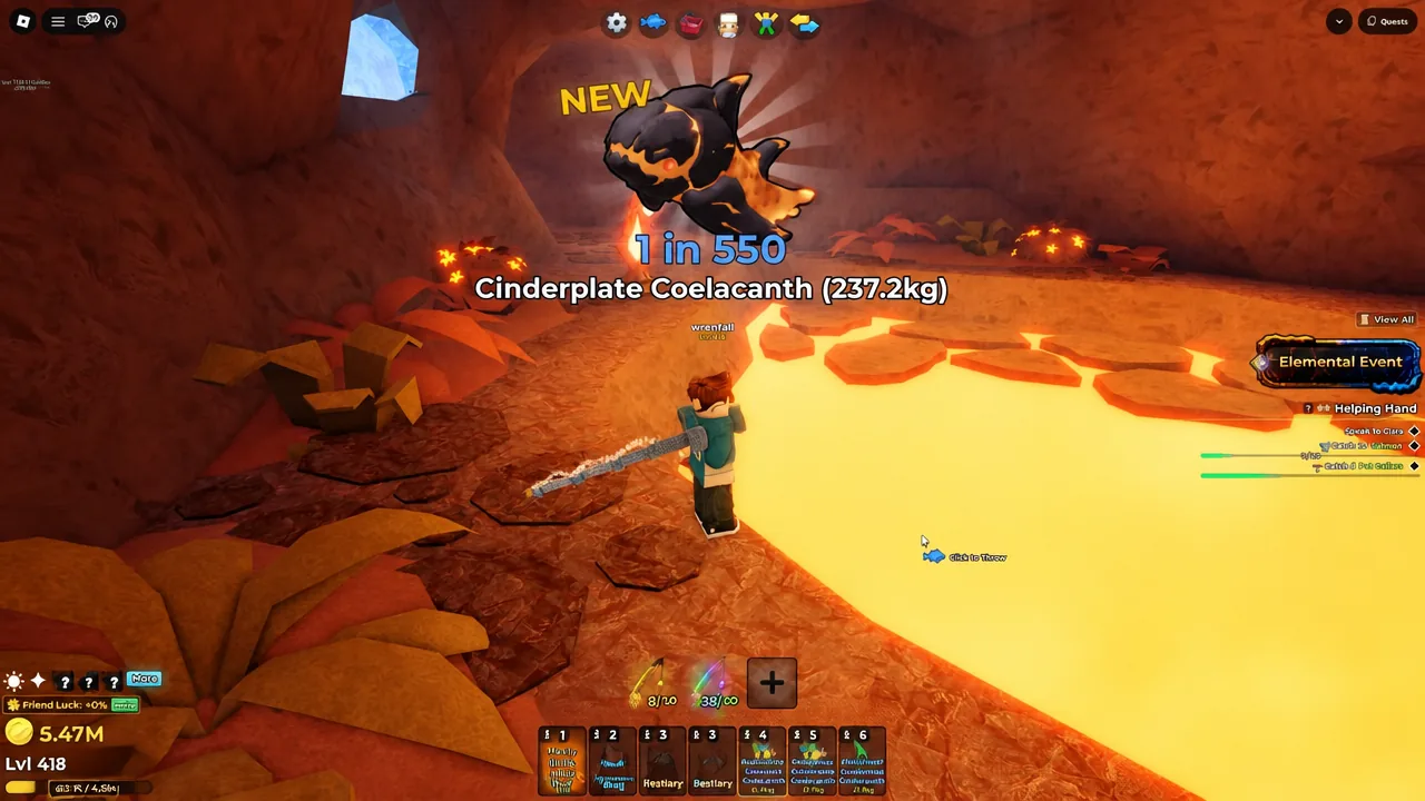 New Cinderplate Coelacanth discovery notification appearing beside the lava in the throne room