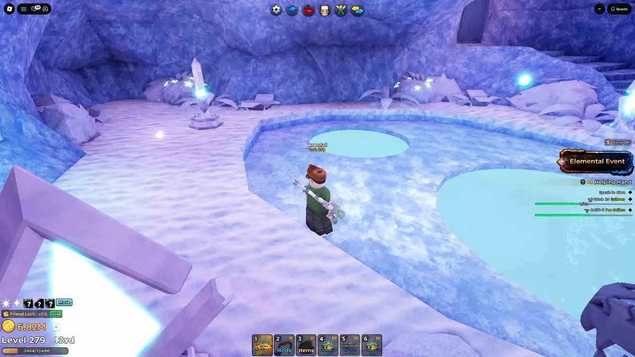 Elemental Event quest panel showing the Helping Hand entry while the player stands in the icy zone