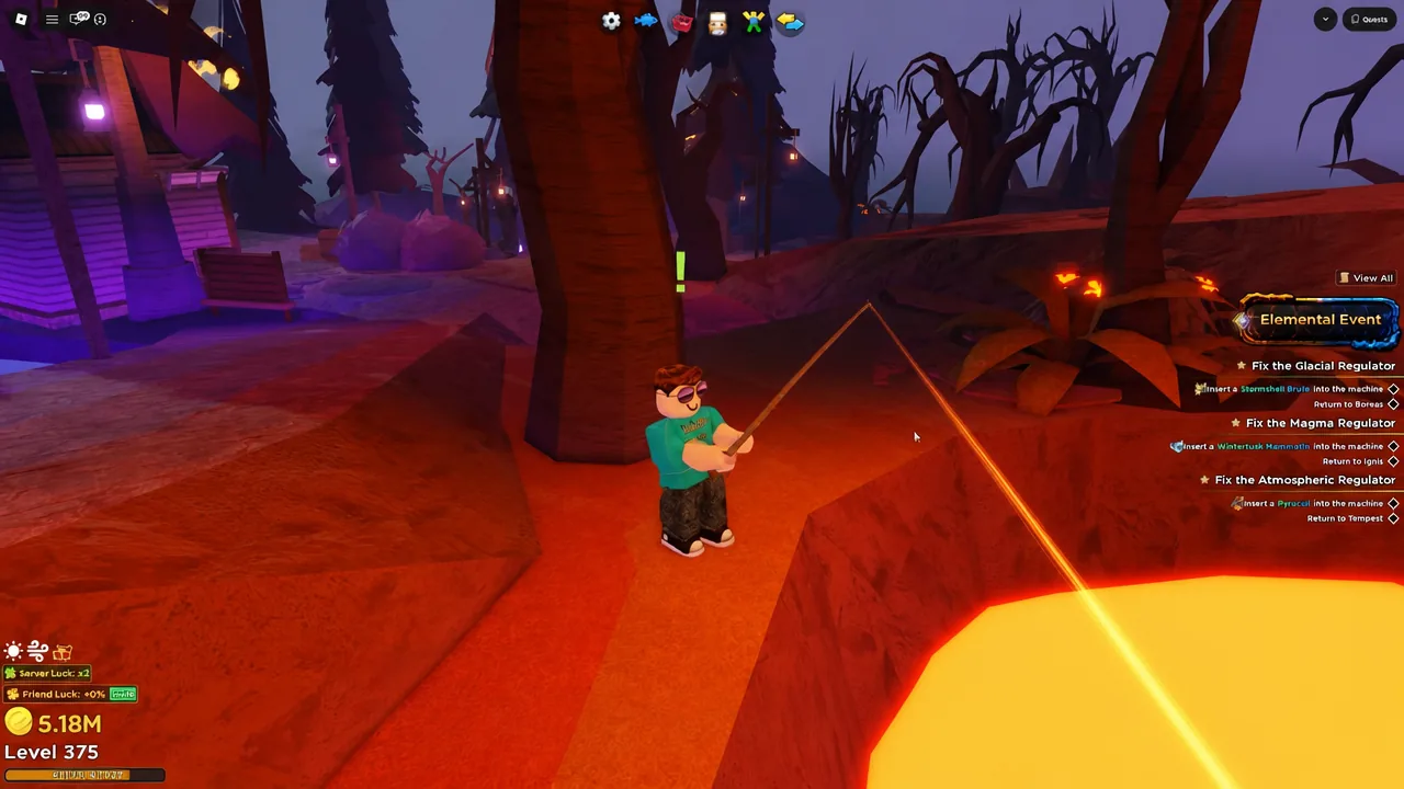 Fishing line cast into lava on Elemental Island while the regulator objectives stay listed on screen