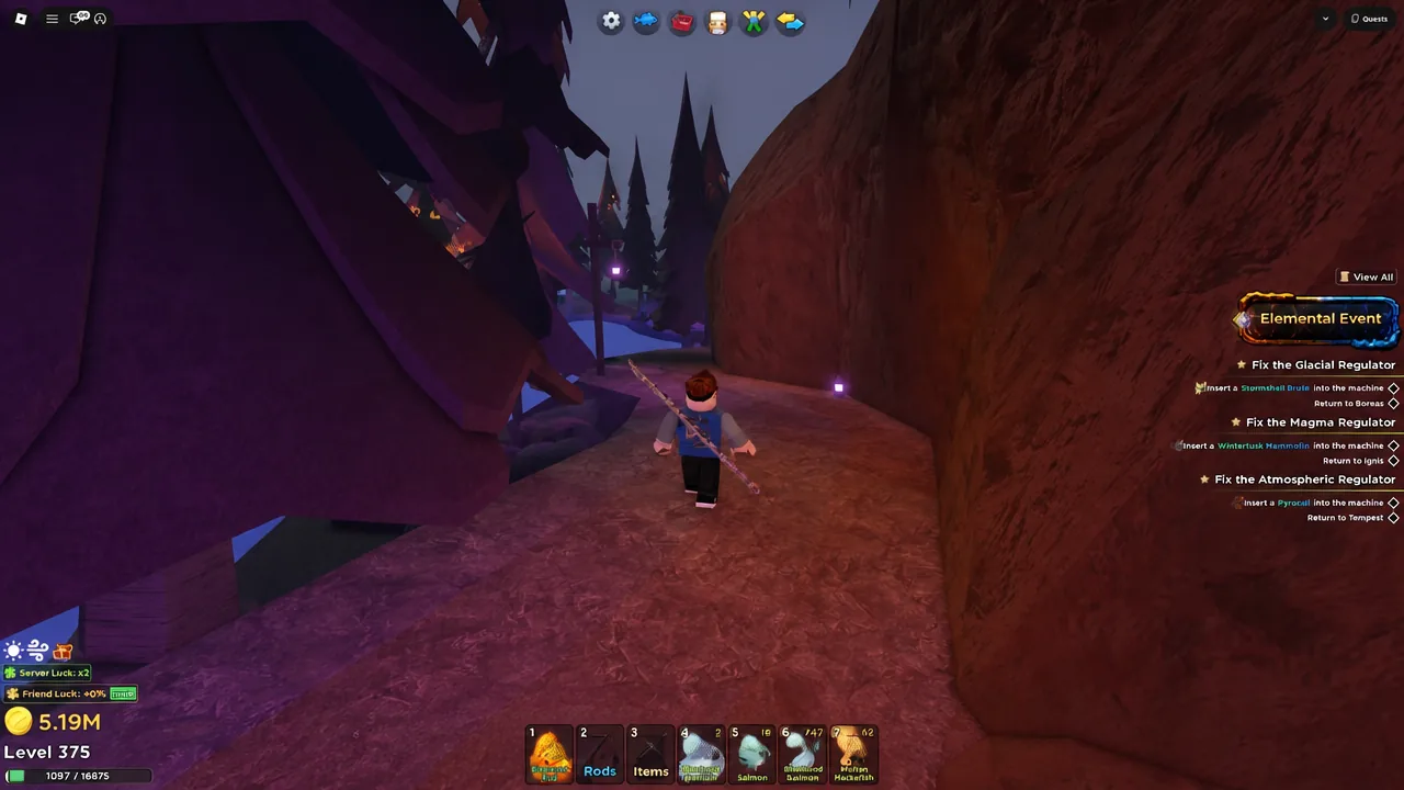 Player moving across Elemental Island toward the Glacial Regulator with the event tracker on screen