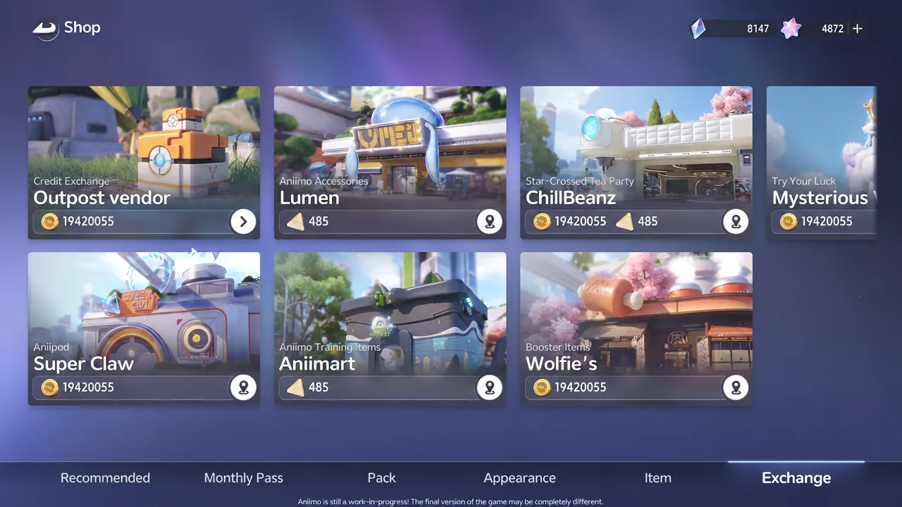 Exchange tab open in the shop listing vendor categories and available items